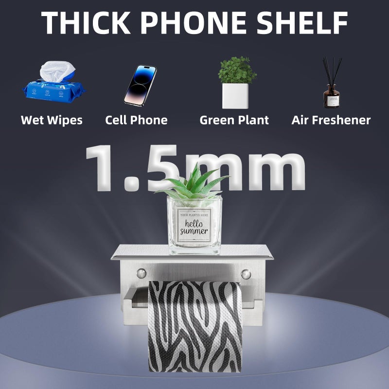 APLusee Brushed Nickel Toilet Paper Holder with Phone Shelf, 304 Stainless Steel Toilet Tissue Roll Holder, Wall Mounted Bathroom Paper Roll Dispenser - Image 4